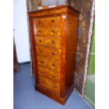 A VICTORIAN BURR WALNUT SIDE LOCKING WELLINGTON CHEST OF SEVEN GRADUATED DRAWERS WITH MOULDED EDGE