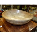 AN ANTIQUE TREEN SYCAMORE LARGE TURNED BOWL. D.49cms.