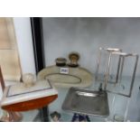 TWO HALLMARKED SILVER PHOTO FRAMES, AN ART DECO MARBLE DESK STAND AND BLOTTER TOGETHER WITH A PIN