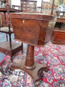 A FINE AND UNUSUAL LATE REGENCY YEW WOOD TEA POY WITH FITTED INTERIOR OF FOUR LIFT TOP