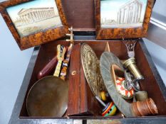 A 19th.C.SATINWOOD AND ROSEWOOD WORK BOX CONTAINING A QUANTITY OF COLLECTABLES.
