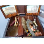 A 19th.C.SATINWOOD AND ROSEWOOD WORK BOX CONTAINING A QUANTITY OF COLLECTABLES.