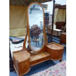 A GOOD QUALITY CONTINENTAL SATINBIRCH DRESSING TABLE WITH FULL HEIGHT MIRROR TOGETHER WITH A PAIR OF