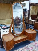 A GOOD QUALITY CONTINENTAL SATINBIRCH DRESSING TABLE WITH FULL HEIGHT MIRROR TOGETHER WITH A PAIR OF