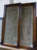 A PAIR OF ARTS AND CRAFTS SILKWORK PANELS OF TWO MAIDENS EMBLEMATIC OF FIRE AND WATER. (2)