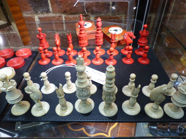 THREE ANTIQUE CARVED AND STAINED IVORY AND BONE BOARD GAME PIECES, TWO CHESS SETS AND A SET OF - Image 3 of 86