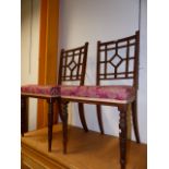 A PAIR OF HEAL'S ARTS AND CRAFTS STYLE SIDE CHAIRS AND TWO FURTHER CHAIRS.