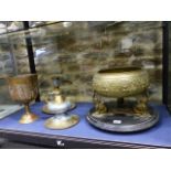 FOUR PIECES OF INDO PERSIAN BRASSWARE TO INCLUDE A BOWL DECORATED WITH FIGURES ON ELEPHANT SUPPORTS,