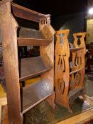 AN ARTS AND CRAFTS OAK THREE TIER BOOK STAND WITH PIERCED ENDS AND STAMPED Rd.2462/127 TOGETHER WITH