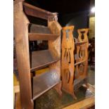 AN ARTS AND CRAFTS OAK THREE TIER BOOK STAND WITH PIERCED ENDS AND STAMPED Rd.2462/127 TOGETHER WITH