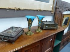 A 19th.C.BOULLEWORK DESK TOP INKSTAND WITH BRONZE MOUNTS, A VICTORIAN ROSEWOOD EXAMPLE AND A PAIR OF