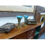 A 19th.C.BOULLEWORK DESK TOP INKSTAND WITH BRONZE MOUNTS, A VICTORIAN ROSEWOOD EXAMPLE AND A PAIR OF