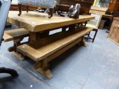 A LARGE HAND MADE PINE REFECTORY STYLE TABLE ON TRESTLE BASE TOGETHER WITH A PAIR OF MATCHING FORMS.