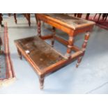 A 19th.C.MAHOGANY TWO TIER LIBRARY STEP WITH LEATHER INSETS ON RING TURNED SUPPORTS AND TAPERED