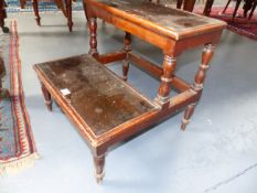 A 19th.C.MAHOGANY TWO TIER LIBRARY STEP WITH LEATHER INSETS ON RING TURNED SUPPORTS AND TAPERED