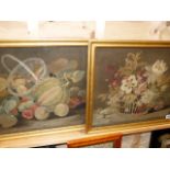 A PAIR OF ANTIQUE FELT AND SILWORK PICTURES OF STILL LIFE SUBJECTS, ONE OF FLOWERS IN A BASKET,