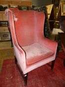 A 19th.C.HIGH WING BACK ARMCHAIR ON SQUARE TAPERED FORELEGS..