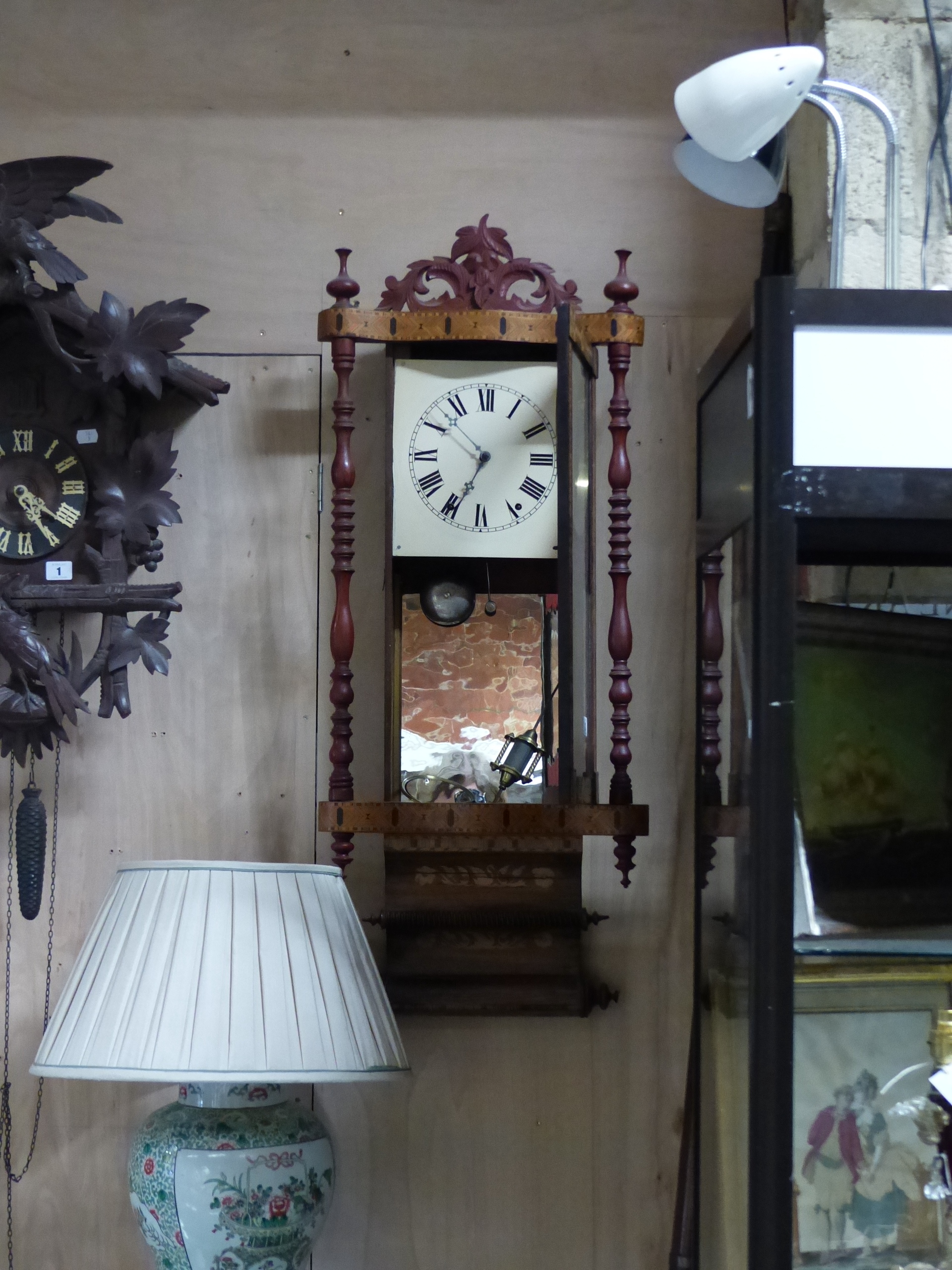 A VICTORIAN DROP DIAL WALL CLOCK WITH ANSONIA TYPE MOVEMENT IN TUNBRIDGE INLAID CASE. H.100cms. - Image 3 of 3