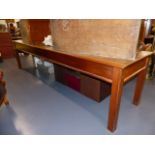 A LARGE MAHOGANY HALL TABLE WITH PANEL TOP. L.303 x W.75cms.