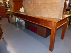 A LARGE MAHOGANY HALL TABLE WITH PANEL TOP. L.303 x W.75cms.