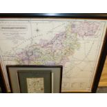 A HAND COLOURED FOLDING MAP OF NORTHAMPTONSHIRE BY J. & C. WALKER, FRAMED, 58 x 58cms TOGETHER