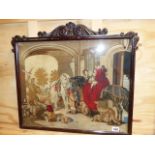 A VICTORIAN FINE NEEDLEPONT PANEL OF THE HUNTING PARTY IN CARVED ROSEWOOD FRAME, OVERALL 50 x