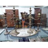 A LARGE SILVERPLATED TRAY, A PAIR OF CANDELABRA AND A PAIR OF CANDLESTICKS.