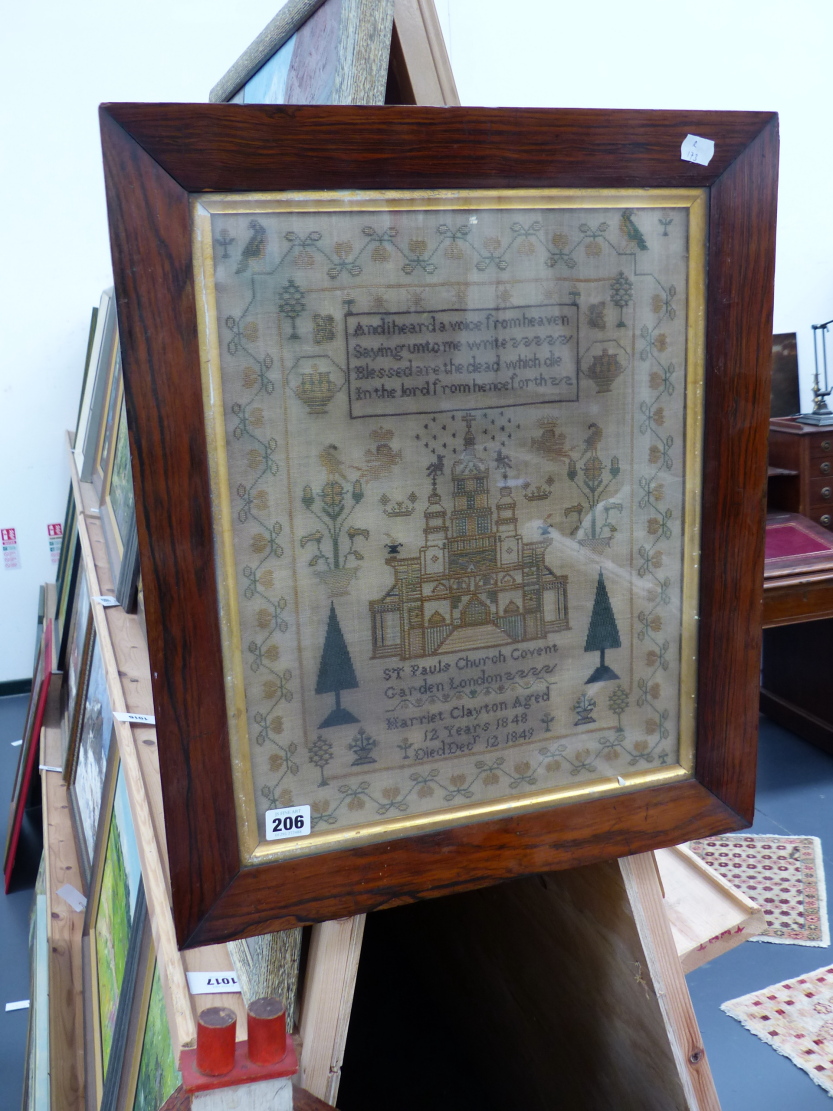A VICTORIAN NEEDLEPOINT SAMPLER WITH A SCENE OF ST.PAUL'S CHURCH, COVENT GARDEN BELOW VERSE WITH - Image 3 of 9