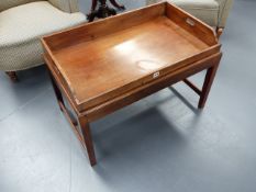 A 19th.C.MAHOGANY LARGE BUTLER'S TRAY ON STAND. W.84cms.