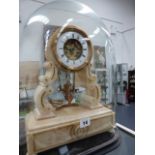 A VICTORIAN WHITE METAL MANTLE CLOCK WITH CHERUB SWING PENDULUM, WHITE ENAMEL CHAPTER RING WITH