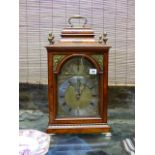 A GOOD 19th.C.SATINWOOD BRACKET OR TABLE CLOCK. PAGODA TOP CASE WITH PAINT DECORATION, BRASS ARCH