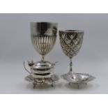 VARIOUS SILVER HALLMARKED PIECES TO INCLUDE TWO PRESENTATION GOBLETS, A MUSTARD AND SPOON, AND TWO