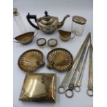 A HALLMARKED SILVER BACHELOR'S TEA SET, VARIOUS SILVER PLATED SKEWERS, A SILVER CIGARETTE BOX, ETC.
