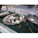 A PAIR OF CASED HALLMARKED PICKLE FORKS, A WHITE METAL TRAY, A SILVER SIFTER, A CADDY SPOON, ETC.