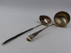 A SILVER HALLMARKED SOUP LADLE 1763 LONDON, APPROXIMATE WEIGHT 5.9ozs, TOGETHER WITH A FURTHER