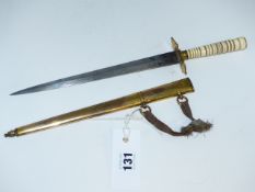 A GEORGIAN NAVAL OFFICER'S DIRK WITH ETCHED BLADE AND IVORY GRIP IN GILT BRASS SCABBARD.