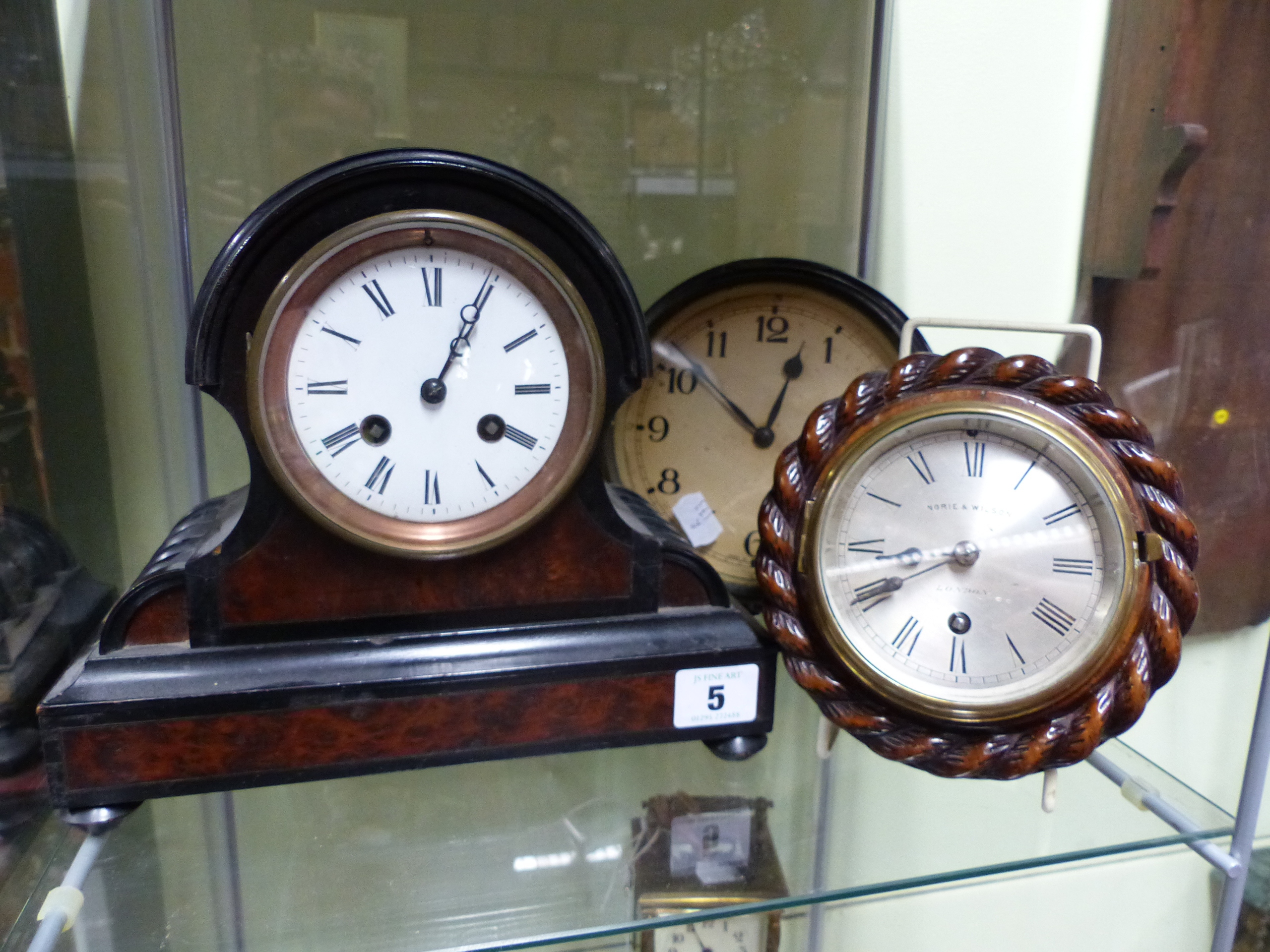 A SMALL VICTORIAN STRIKING MANTLE CLOCK IN EBONISED AND WALNUT CASE TOGETHER WITH A SMALL WALL CLOCK