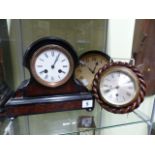 A SMALL VICTORIAN STRIKING MANTLE CLOCK IN EBONISED AND WALNUT CASE TOGETHER WITH A SMALL WALL CLOCK