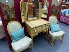 A PAINTED FRENCH LOUIS XV STYLE DRESSING TABLE WITH MIRROR BACK AND COMPARTMENT TOP TOGETHER WITH