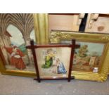 THREE VICTORIAN NEEDLEPOINT PANELS, A CLASSICAL LANDSCAPE, THE ARCHANGEL AND MARY TOGETHER WITH