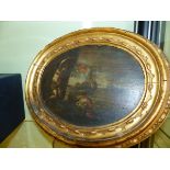 TWO OLD MASTER OVAL SCENES OF FIGURES AND SEA MONSTERS. OIL ON PANEL IN CONTEMPORARY CARVED GILTWOOD