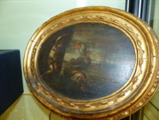 TWO OLD MASTER OVAL SCENES OF FIGURES AND SEA MONSTERS. OIL ON PANEL IN CONTEMPORARY CARVED GILTWOOD