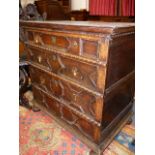 A 17th.C.AND LATER OAK CHEST OF FOUR PANEL FRONT DRAWERS. W.92cms.