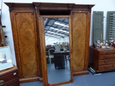 A LARGE VICTORIAN AESTHETIC BURR WALNUT AND INLAID LINEN PRESS WARDROBE. W.212 x H.214cms.