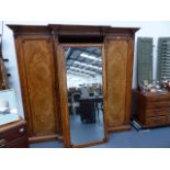 A LARGE VICTORIAN AESTHETIC BURR WALNUT AND INLAID LINEN PRESS WARDROBE. W.212 x H.214cms.