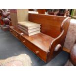 A 19th.C.CARVED MAHOGANY BOOK TROUGH WITH SHAPED GALLERY BACK AND TWO BASE DRAWERS. W.80cms.