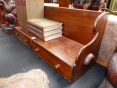 A 19th.C.CARVED MAHOGANY BOOK TROUGH WITH SHAPED GALLERY BACK AND TWO BASE DRAWERS. W.80cms.