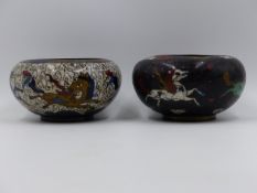 TWO CLOISONNE BOWLS OF SQUAT BULBOUS FORM DECORATED WITH HORSES. D.14cms.