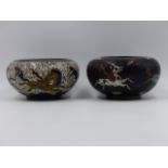 TWO CLOISONNE BOWLS OF SQUAT BULBOUS FORM DECORATED WITH HORSES. D.14cms.