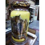 A VERY LARGE VICTORIAN GILT AND POLYCHROME DECORATED GLASS APOTHECARY JAR WITH COVER, ARMORIAL CREST
